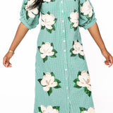 Green & White Gingham Magnolia Button Up Cotton Midi Dress | Queen Of Sparkles