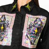 Black Queen Card & Sparkle Collar Button Up Cotton Top | Queen Of Sparkles