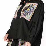 Black Queen Card & Sparkle Collar Button Up Cotton Top | Queen Of Sparkles