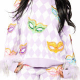 Lavender & White Diamond Print Multi Mask Feather Sleeve Sweater | Queen Of Sparkles