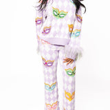 Lavender & White Diamond Print Multi Mask Feather Sleeve Sweater | Queen Of Sparkles
