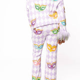 Lavender & White Diamond Print Multi Mask Feather Sleeve Sweater | Queen Of Sparkles