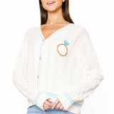 White & Blue 'In My Bride Era' Sequin & Pearl Button Up Cardigan | Queen Of Sparkles
