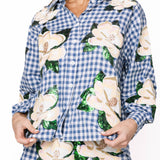 Blue & White Checkered Scattered Magnolia Button Up Top | Queen Of Sparkles