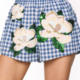 Blue & White Checkered Scattered Magnolia Short | Queen Of Sparkles