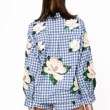 Blue & White Checkered Scattered Magnolia Button Up Top | Queen Of Sparkles