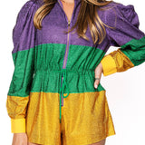 Purple, Green & Gold Colorblock Full Rhinestone Long Sleeve Romper | Queen Of Sparkles