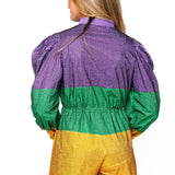Purple, Green & Gold Colorblock Full Rhinestone Long Sleeve Romper | Queen Of Sparkles
