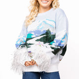 Skiers On Mountain Feather Sleeve Sweater | Queen Of Sparkles