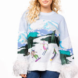 Skiers On Mountain Feather Sleeve Sweater | Queen Of Sparkles