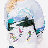 Skiers On Mountain Feather Sleeve Sweater | Queen Of Sparkles