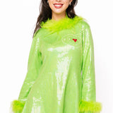 Green Full Sequin Feather Trim Grinch Heart Dress | Queen Of Sparkles