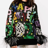 Black Multi 'Happy New Year 2026' Feather Sleeve Sweater | Queen Of Sparkles