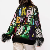 Black Multi 'Happy New Year 2026' Feather Sleeve Sweater | Queen Of Sparkles