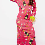 Hot Pink Popping Champagne Bottle & Coupe Feather Sleeve Midi Dress | Queen Of Sparkles