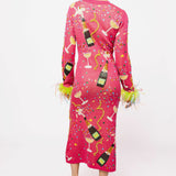 Hot Pink Popping Champagne Bottle & Coupe Feather Sleeve Midi Dress | Queen Of Sparkles