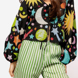 Black Multi Galaxy Tie Up Long Sleeve Top | Queen Of Sparkles