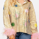 Gold Stripe Multi Sparkler Button Up Top With Pink Feather Sleeve | Queen Of Sparkles