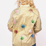 Gold Stripe Multi Sparkler Button Up Top With Pink Feather Sleeve | Queen Of Sparkles