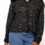 Black Multi Rhinestone Cotton Button Up Collared Top | Queen Of Sparkles