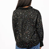 Black Multi Rhinestone Cotton Button Up Collared Top | Queen Of Sparkles