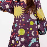 Dark Purple Multi Galaxy Button Up Cotton Bubble Sleeve Dress | Queen Of Sparkles