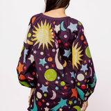 Dark Purple Multi Galaxy Button Up Cotton Bubble Sleeve Dress | Queen Of Sparkles