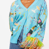 Aqua Popping Champagne Bottle & Coupe Feather Sleeve Button Up Cardigan | Queen Of Sparkles