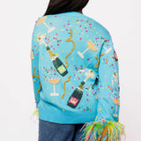 Aqua Popping Champagne Bottle & Coupe Feather Sleeve Button Up Cardigan | Queen Of Sparkles