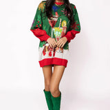 Dark Green & Red Christmas Cocktails Sweater Dress | Queen Of Sparkles