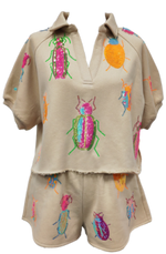 SCATTERED NEON BEETLES TAN COLLARED TOP | QUEEN OF SPARKLES