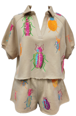 SCATTERED NEON BEETLES TAN COLLARED TOP | QUEEN OF SPARKLES