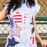 Blue & White Gingham USA Stripe Patch Stars Romper | Queen Of Sparkles